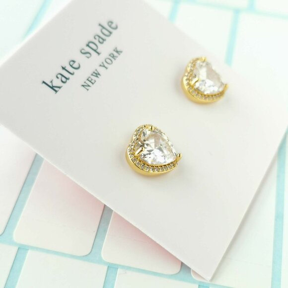 Kate Spade My Love Pavé Heart Clear Gold Stud Earrings with dust bag - Picture 2 of 3